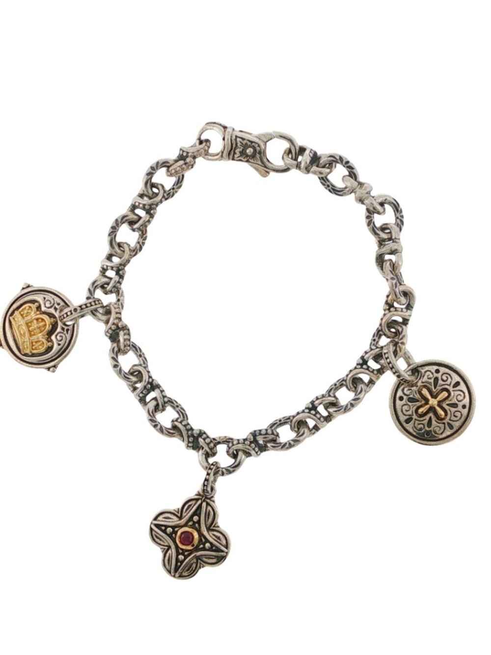 Konstantino 925 Sterling Silver & 18K Gold Corundum Link Charm Bracelet Size 7"